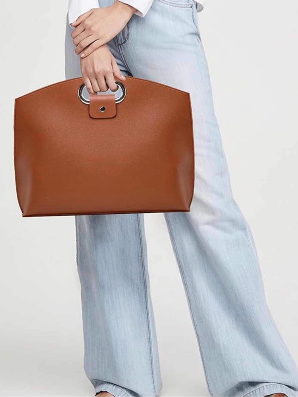 Laptop Tote Bag Set Cognac Faux Leather with Silver Hardware